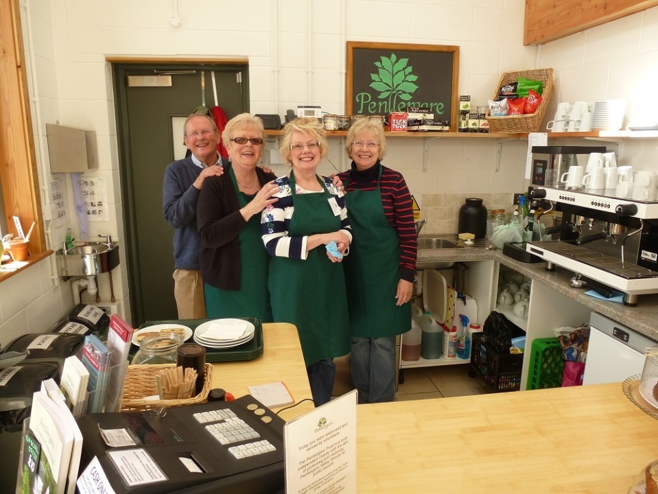 Terry (Chairman of the Penllergare Trust and Coffee Shop Volunteers Gill, Rebecca and Gaynor (from left to right). Photo by Philip James (May 2014)